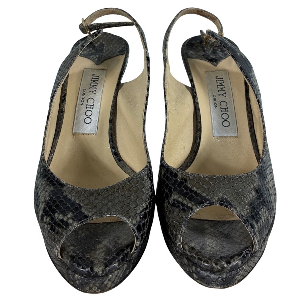 Jimmy Choo Snakeskin Peep Toe Slingback Platform Pumps Grey Black Size 36